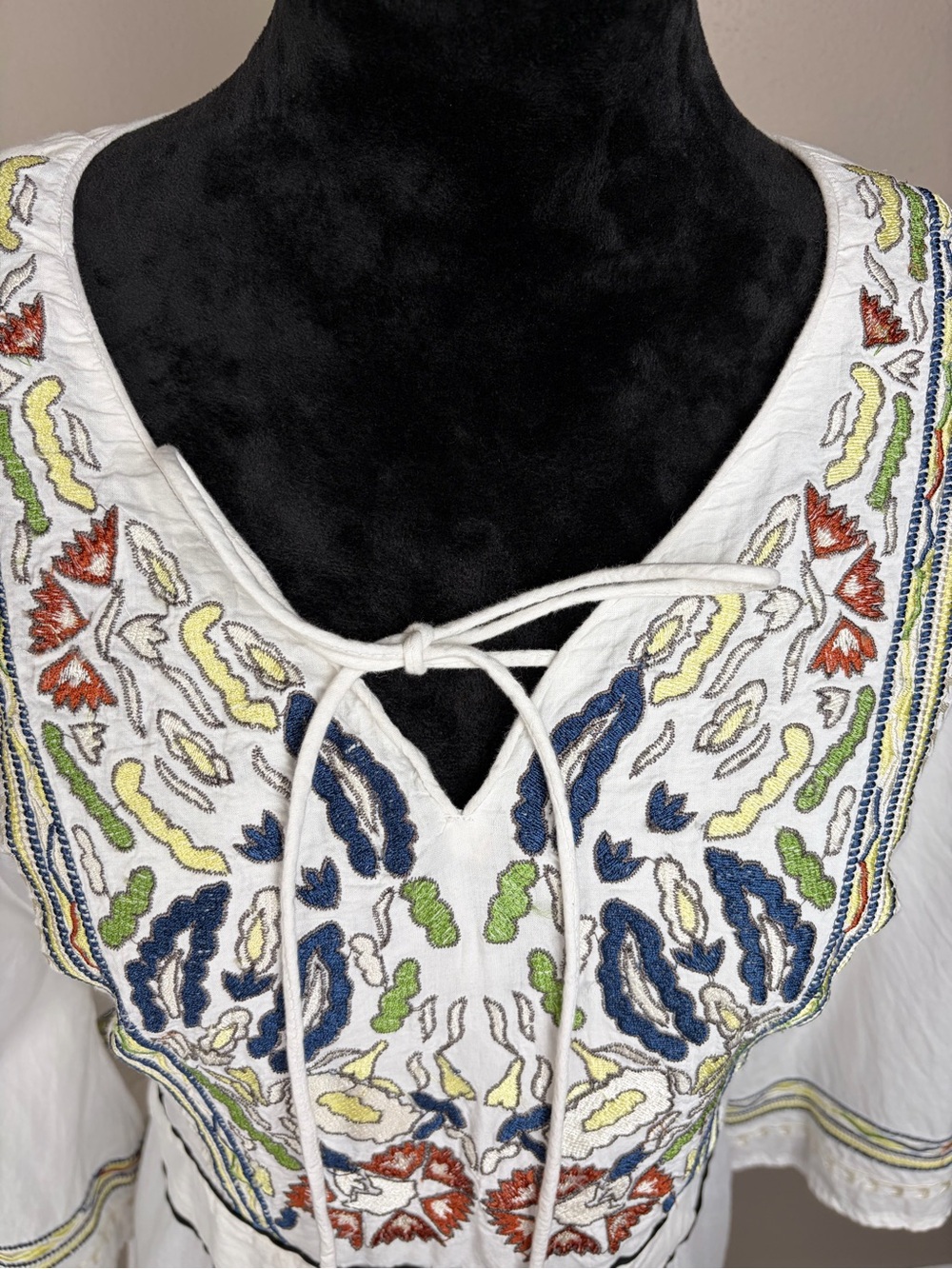 Boho Embroidered Tie Waist Tunic Mini Dress White Caftan Peasant Festival XL/2XL - Picture 3 of 15